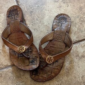Tory Burch Brown Leather Sandals with Gold Logo